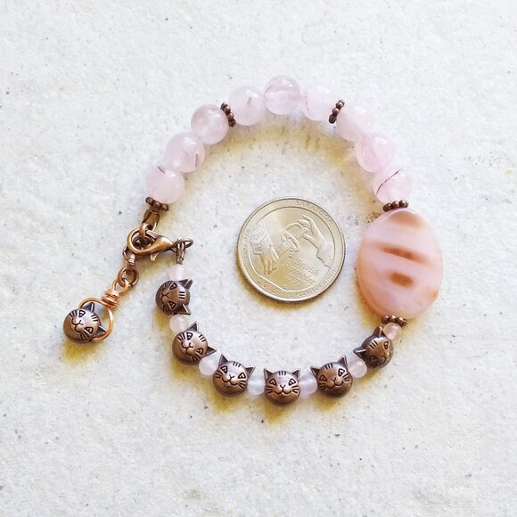 Pink Rose Quartz & Copper Cats Bracelet 7-8" Wrist - Cat Lovers & Cat Ladies - Picture 2 of 10
